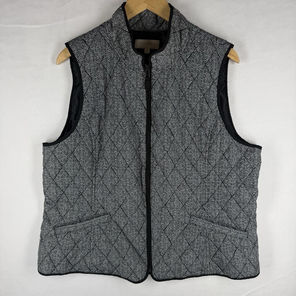 Talbots Womens XL NWOT Black Herringbone Quilted Vest Full Zip Lined Pockets